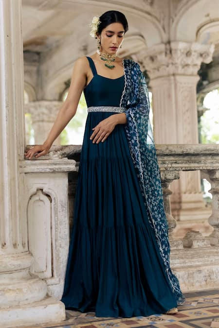 Paulmi And Harsh Blue Cotton Silk V Neck Tiered Anarkali With Dupatta
