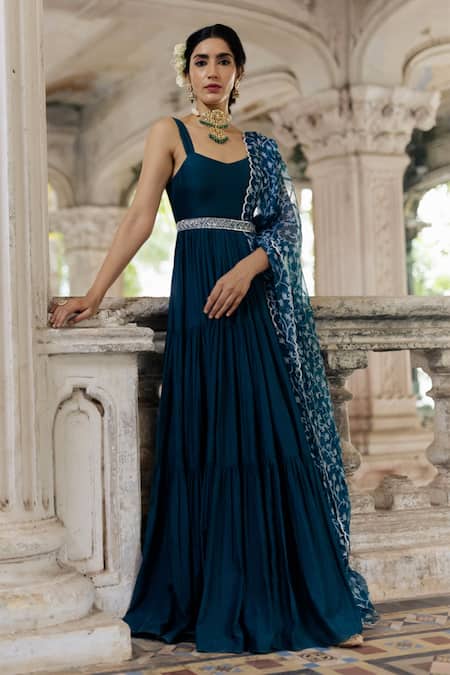 Color Blocked Cotton Silk Anarkali Suit in Teal Blue and Grey : KUX975