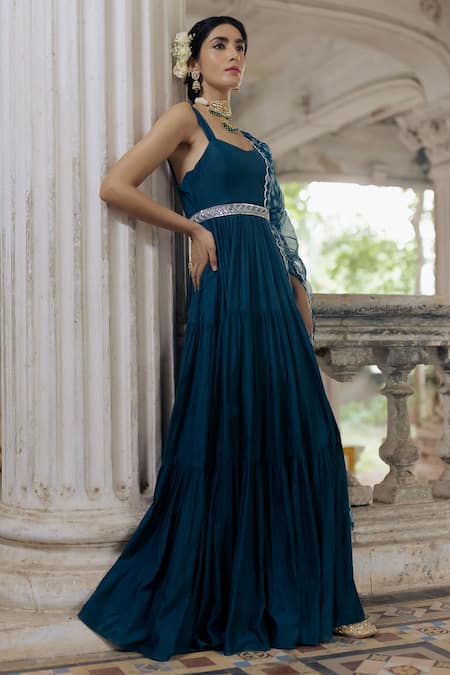 Paulmi And Harsh_Blue Cotton Silk V Neck Tiered Anarkali With Dupatta _Online_at_Aza_Fashions