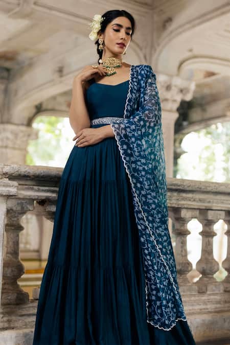 Buy_Paulmi And Harsh_Blue Cotton Silk V Neck Tiered Anarkali With Dupatta _Online_at_Aza_Fashions