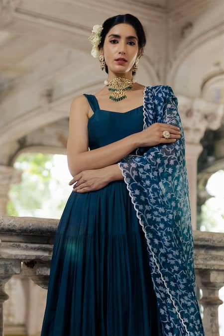 Shop_Paulmi And Harsh_Blue Cotton Silk V Neck Tiered Anarkali With Dupatta _Online_at_Aza_Fashions