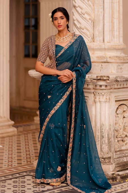 Buy Brown Pure Silk Organza Open Saree With Jacket For Women by Trisvaraa  Online at Aza Fashions.