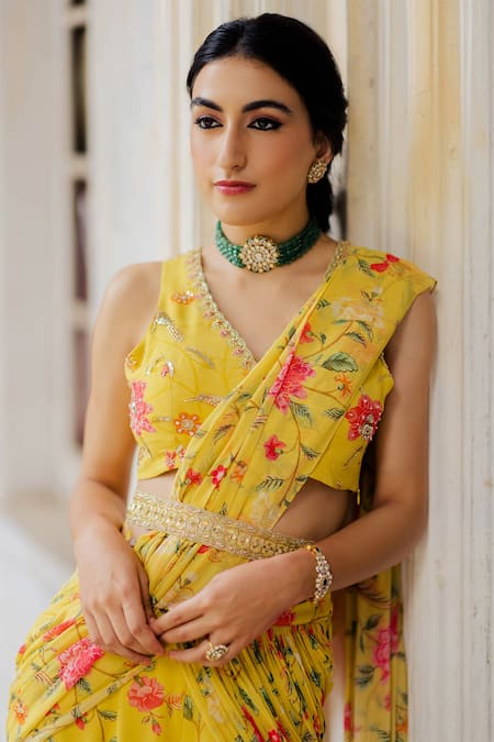 Buy_Paulmi And Harsh_Yellow Georgette V Neck Pre-stitched Sharara Saree With Blouse _Online_at_Aza_Fashions
