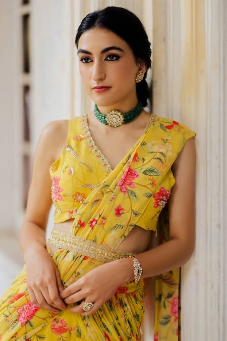 Shop_Paulmi And Harsh_Yellow Georgette V Neck Pre-stitched Sharara Saree With Blouse _Online_at_Aza_Fashions