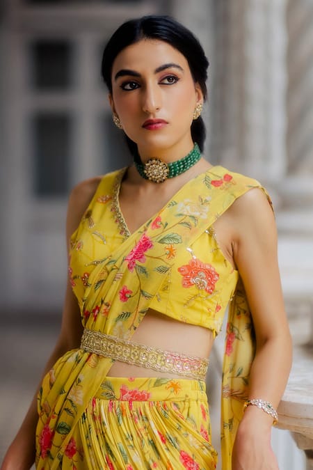 Paulmi And Harsh_Yellow Georgette V Neck Pre-stitched Sharara Saree With Blouse _Online_at_Aza_Fashions