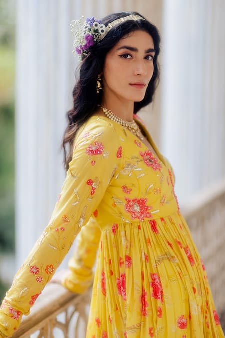 Buy Paulmi And Harsh Yellow Cotton Silk V Neck Floral Print Anarkali With Dupatta Online at Aza Fashions Buy_Paulmi And Harsh_Yellow Cotton Silk V Neck Floral Print Anarkali With Dupatta _Online_at_Aza_Fashions