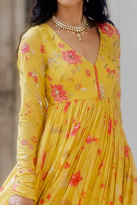 Paulmi And Harsh Yellow Cotton Silk V Neck Floral Print Anarkali With Dupatta at Aza Fashions Paulmi And Harsh_Yellow Cotton Silk V Neck Floral Print Anarkali With Dupatta _at_Aza_Fashions