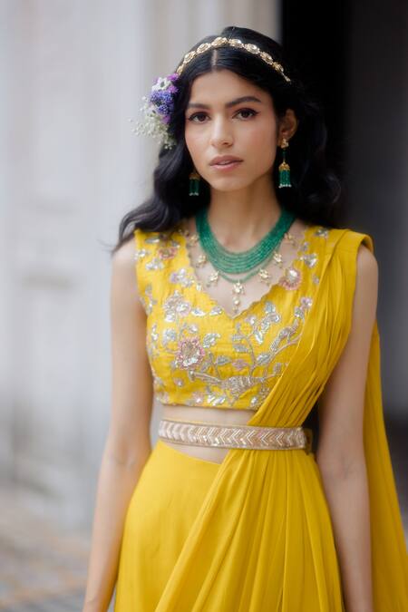 Paulmi And Harsh_Yellow Saree Crepe Blouse Cotton Silk V Neck Pre-stitched With_Online_at_Aza_Fashions