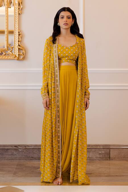Paulmi And Harsh Yellow Georgette V Neck Printed Jacket And Pant Set