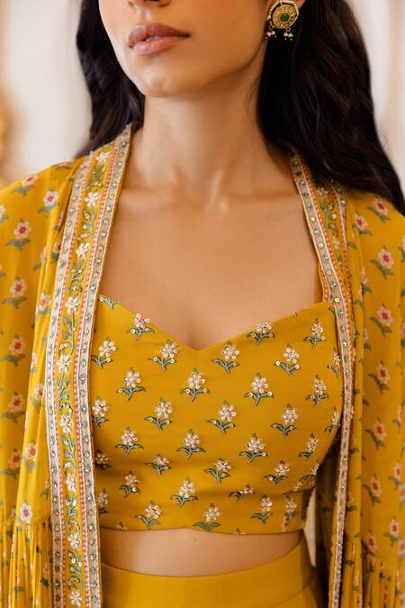 Paulmi And Harsh Yellow Georgette V Neck Printed Jacket And Pant Set Online at Aza Fashions Paulmi And Harsh_Yellow Georgette V Neck Printed Jacket And Pant Set_Online_at_Aza_Fashions