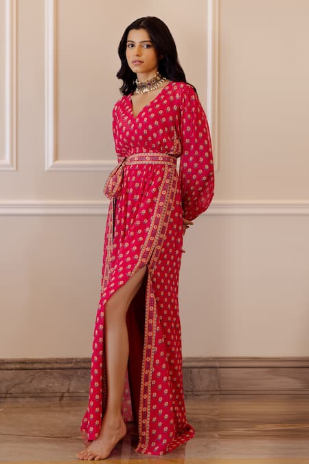 Paulmi And Harsh_Pink Dress Cotton Silk, Inner Satin V Neck Floral Print _Online_at_Aza_Fashions