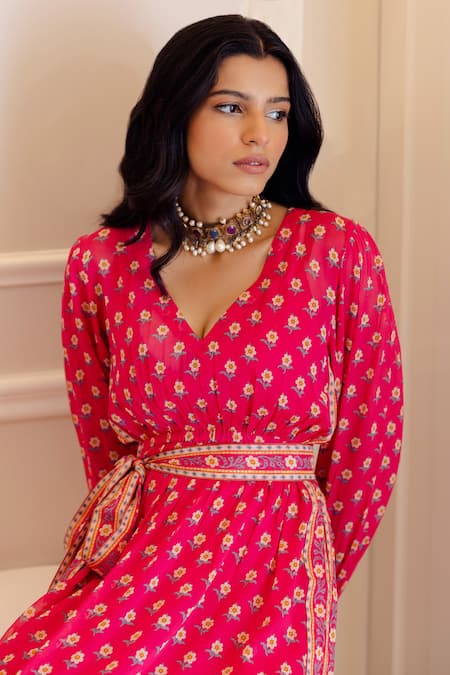 Buy_Paulmi And Harsh_Pink Dress Cotton Silk, Inner Satin V Neck Floral Print _Online_at_Aza_Fashions