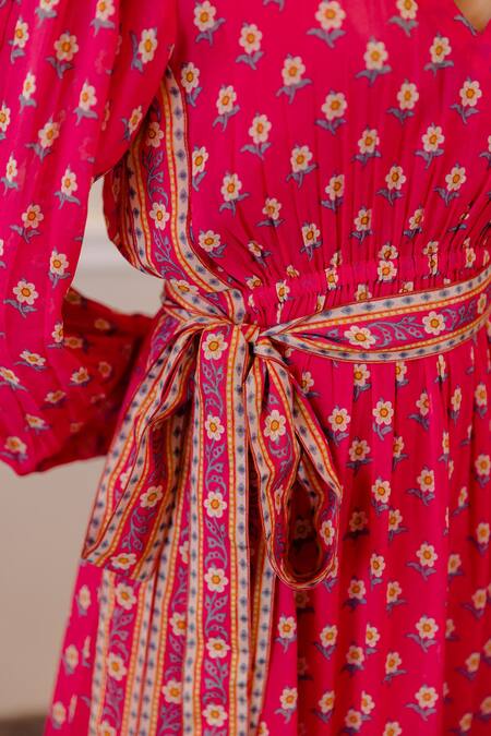 Shop_Paulmi And Harsh_Pink Dress Cotton Silk, Inner Satin V Neck Floral Print _Online_at_Aza_Fashions