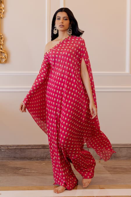 Shop_Paulmi And Harsh_Pink Cotton Silk Asymmetric Floral Print Kurta And Pant Set _Online_at_Aza_Fashions
