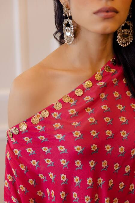 Paulmi And Harsh_Pink Cotton Silk Asymmetric Floral Print Kurta And Pant Set _at_Aza_Fashions