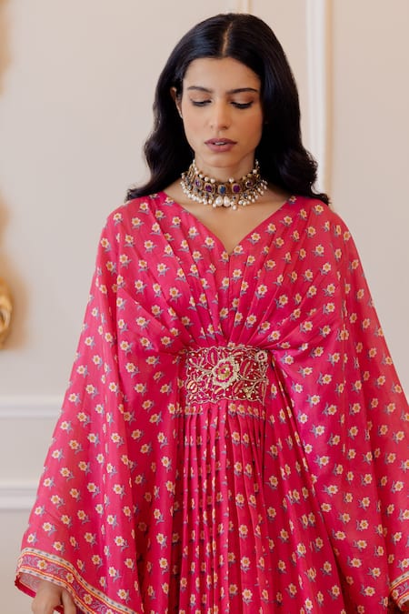 Paulmi And Harsh_Pink Inner Satin, Kaftan Cotton Silk V Neck Floral Print _Online_at_Aza_Fashions