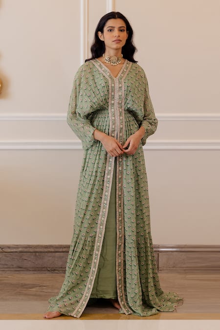 Buy_Paulmi And Harsh_Green Inner Satin, Kaftan Georgette V Neck Floral Print _Online_at_Aza_Fashions