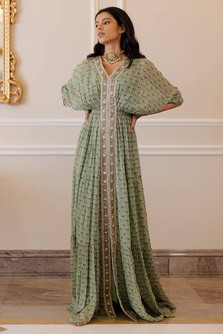 Paulmi And Harsh_Green Inner Satin, Kaftan Georgette V Neck Floral Print _Online_at_Aza_Fashions