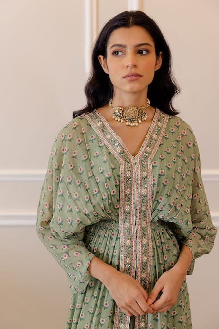 Paulmi And Harsh_Green Inner Satin, Kaftan Georgette V Neck Floral Print _at_Aza_Fashions