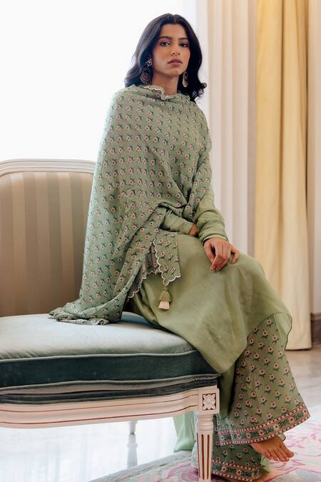 Paulmi And Harsh_Green Anarkali Mul , Pant Silk, Scarf Gathered Sleeve Set_Online_at_Aza_Fashions