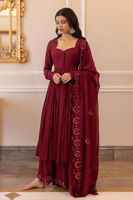 Shop Paulmi And Harsh Maroon Anarkali And Palazzo Cotton Silk, Dupatta Georgette Gathered Sleeve Set at Aza Fashions Shop_Paulmi And Harsh_Maroon Anarkali And Palazzo Cotton Silk, Dupatta Georgette Gathered Sleeve Set_at_Aza_Fashions