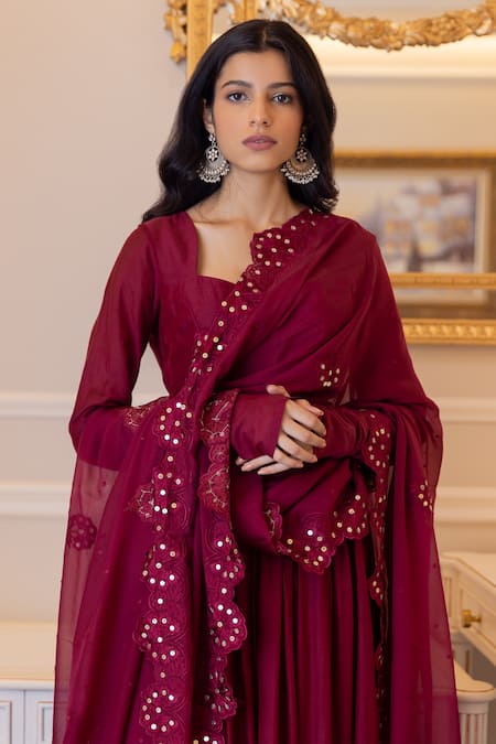 Paulmi And Harsh Maroon Anarkali And Palazzo Cotton Silk, Dupatta Georgette Gathered Sleeve Set Online at Aza Fashions Paulmi And Harsh_Maroon Anarkali And Palazzo Cotton Silk, Dupatta Georgette Gathered Sleeve Set_Online_at_Aza_Fashions