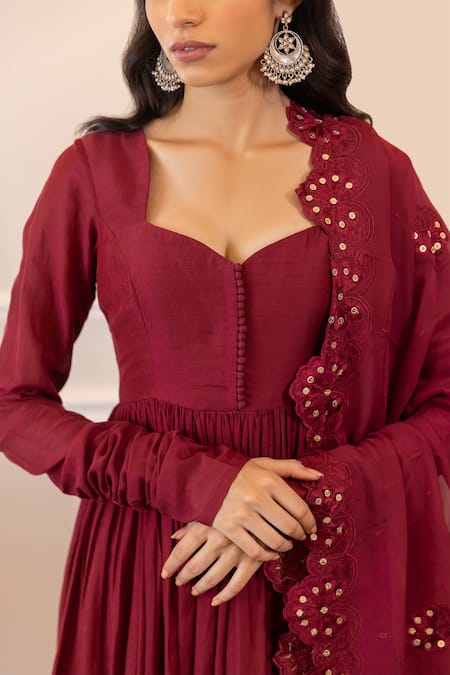 Buy Paulmi And Harsh Maroon Anarkali And Palazzo Cotton Silk, Dupatta Georgette Gathered Sleeve Set Online at Aza Fashions Buy_Paulmi And Harsh_Maroon Anarkali And Palazzo Cotton Silk, Dupatta Georgette Gathered Sleeve Set_Online_at_Aza_Fashions