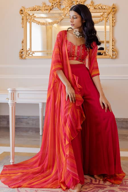 Paulmi And Harsh_Red Jacket And Crop Top Organza, Palazzo Georgette V Neck Striped & Set _Online_at_Aza_Fashions