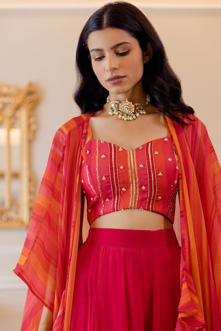 Buy_Paulmi And Harsh_Red Jacket And Crop Top Organza, Palazzo Georgette V Neck Striped & Set _Online_at_Aza_Fashions