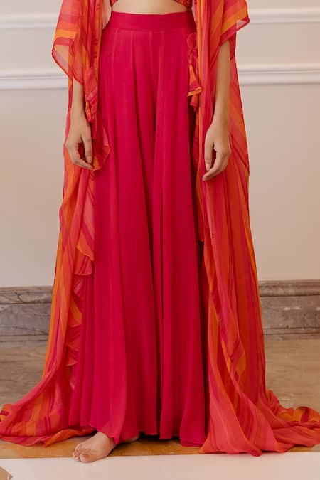 Shop_Paulmi And Harsh_Red Jacket And Crop Top Organza, Palazzo Georgette V Neck Striped & Set _Online_at_Aza_Fashions