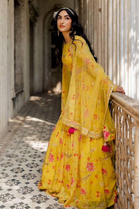 Buy_Paulmi And Harsh_Yellow Lehenga And Blouse Georgette Dupatta Net Round Floral Print Bridal Set _Online_at_Aza_Fashions