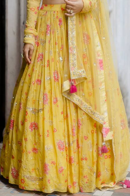 Shop_Paulmi And Harsh_Yellow Lehenga And Blouse Georgette Dupatta Net Round Floral Print Bridal Set _Online_at_Aza_Fashions