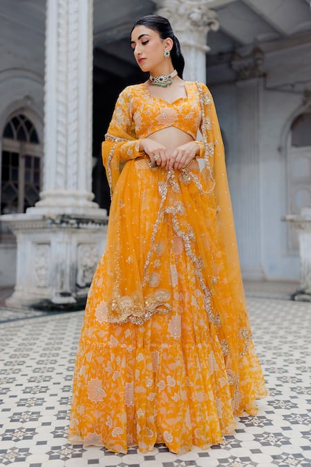 Paulmi And Harsh_Orange Lehenga And Blouse Organza Dupatta Net Sweetheart Neck Bridal Set_Online_at_Aza_Fashions