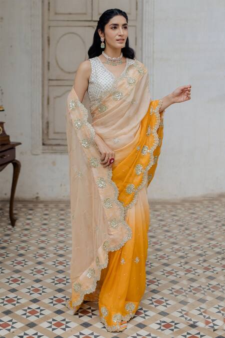 Shop Paulmi And Harsh Orange Organza Saree With Blouse at Aza Fashions Shop_Paulmi And Harsh_Orange Organza Saree With Blouse_at_Aza_Fashions