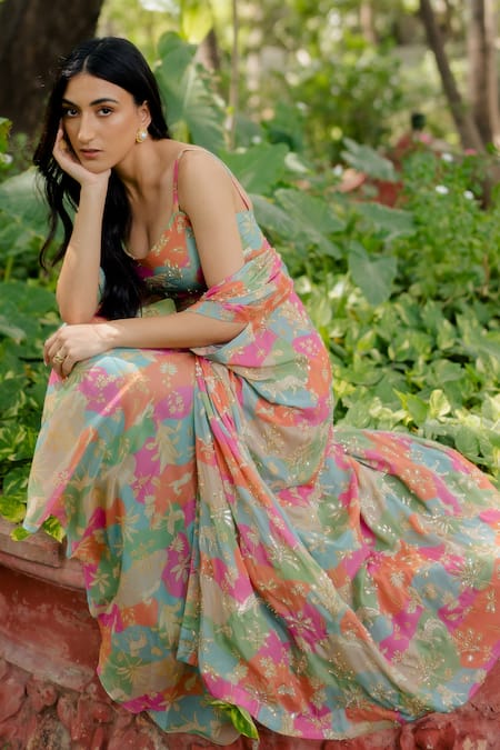 Buy Paulmi And Harsh Multi Color Jacket And Crop Top Pure Crepe & Skirt Georgette & Draped Set Online at Aza Fashions Buy_Paulmi And Harsh_Multi Color Jacket And Crop Top Pure Crepe & Skirt Georgette & Draped Set _Online_at_Aza_Fashions