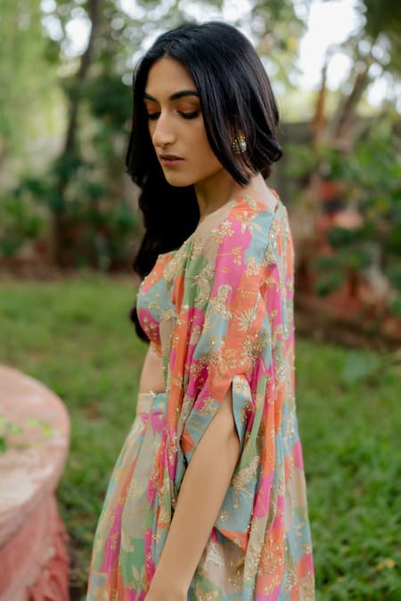 Paulmi And Harsh Multi Color Jacket And Crop Top Pure Crepe & Skirt Georgette & Draped Set at Aza Fashions Paulmi And Harsh_Multi Color Jacket And Crop Top Pure Crepe & Skirt Georgette & Draped Set _at_Aza_Fashions