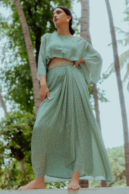 Buy_Paulmi And Harsh_Blue Pure Crepe Geometric Print One Shoulder Crop Top And Skirt Set _Online_at_Aza_Fashions