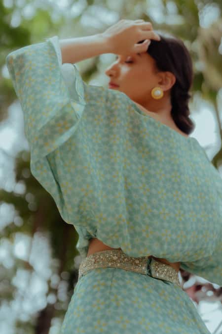 Paulmi And Harsh_Blue Pure Crepe Geometric Print One Shoulder Crop Top And Skirt Set _at_Aza_Fashions