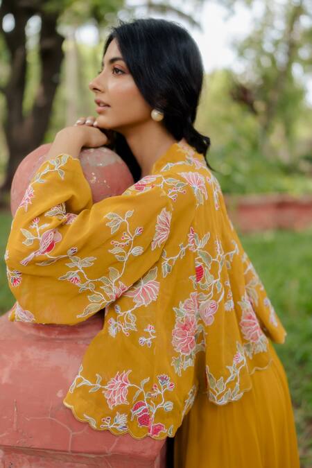 Shop Paulmi And Harsh Yellow Jacket And Palazzo Georgette & Crop Top Cotton Silk Floral Print, & Set Online at Aza Fashions Shop_Paulmi And Harsh_Yellow Jacket And Palazzo Georgette & Crop Top Cotton Silk Floral Print, & Set _Online_at_Aza_Fashions