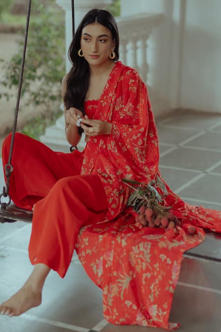 Paulmi And Harsh_Red Georgette, Pure Crepe Floral Print Straight Across Jacket Palazzo Set _Online_at_Aza_Fashions
