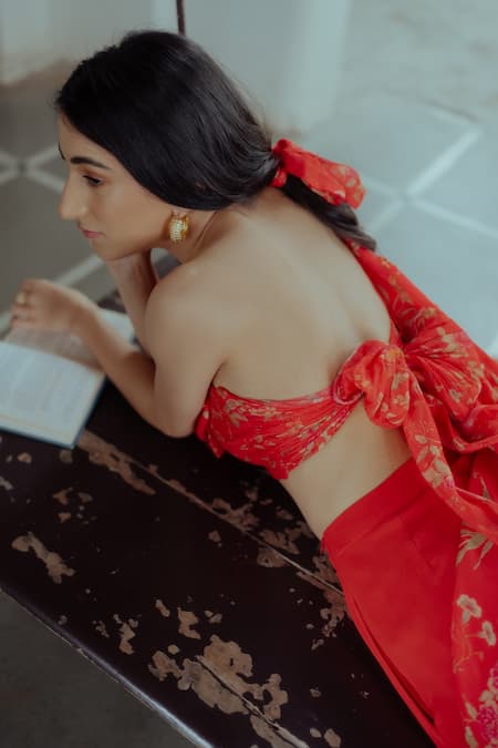 Buy_Paulmi And Harsh_Red Georgette, Pure Crepe Floral Print Straight Across Jacket Palazzo Set _Online_at_Aza_Fashions