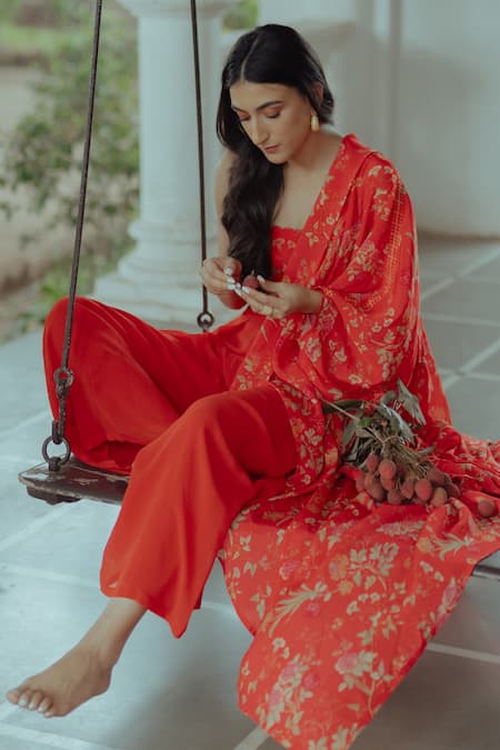 Shop_Paulmi And Harsh_Red Georgette, Pure Crepe Floral Print Straight Across Jacket Palazzo Set _Online_at_Aza_Fashions