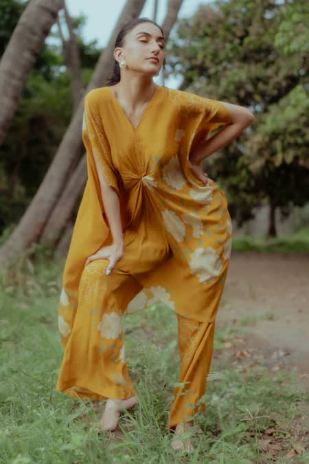 Buy_Paulmi And Harsh_Yellow Pure Crepe Rose Print V Neck Kaftan And Pant Co-ord Set _Online_at_Aza_Fashions