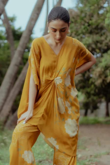Shop_Paulmi And Harsh_Yellow Pure Crepe Rose Print V Neck Kaftan And Pant Co-ord Set _Online_at_Aza_Fashions