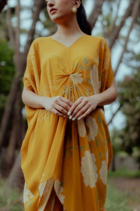Paulmi And Harsh_Yellow Pure Crepe Rose Print V Neck Kaftan And Pant Co-ord Set _at_Aza_Fashions