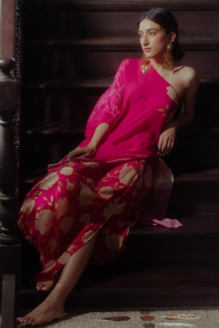 Paulmi And Harsh_Pink Pure Crepe Floral Print One Shoulder Wrap Tunic And Skirt Set _Online_at_Aza_Fashions