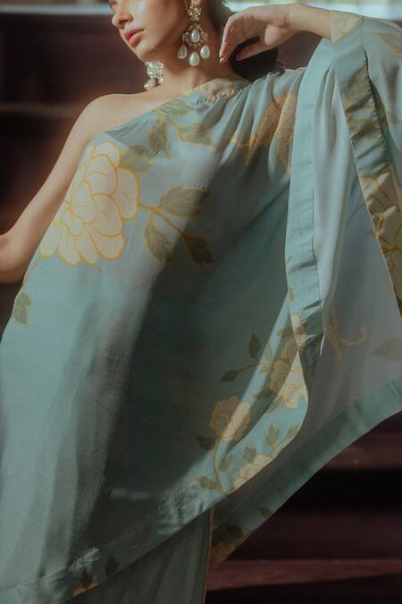 Paulmi And Harsh_Blue Pure Crepe Floral Print One Shoulder Tunic And Skirt Set _Online_at_Aza_Fashions