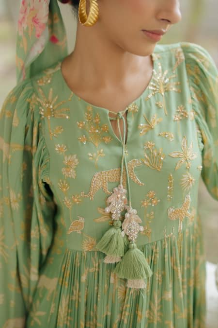 Paulmi And Harsh_Green Pure Crepe Mirror, Sequin, Beads, Bagh Print, Thread And Cutdana Maxi Dress _at_Aza_Fashions