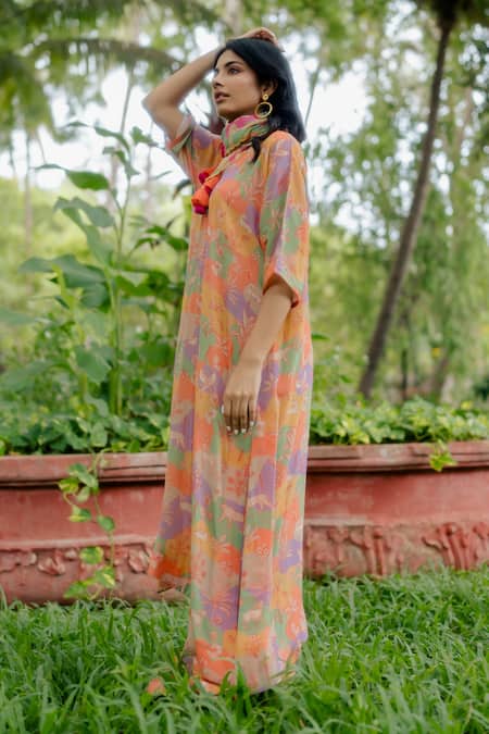 Paulmi And Harsh Multi Color Pure Crepe Naksha Print And Sequin Notched Tunic Pant Set Online at Aza Fashions Paulmi And Harsh_Multi Color Pure Crepe Naksha Print And Sequin Notched Tunic Pant Set _Online_at_Aza_Fashions