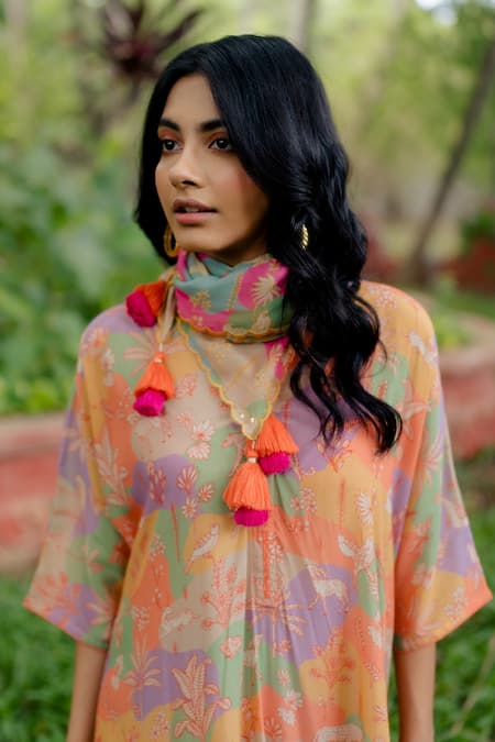 Buy Paulmi And Harsh Multi Color Pure Crepe Naksha Print And Sequin Notched Tunic Pant Set Online at Aza Fashions Buy_Paulmi And Harsh_Multi Color Pure Crepe Naksha Print And Sequin Notched Tunic Pant Set _Online_at_Aza_Fashions